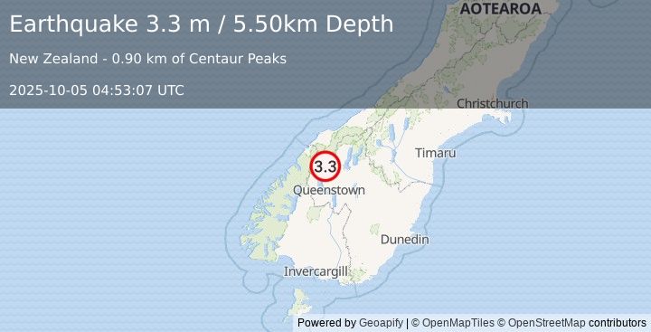 Earthquake SOUTH ISLAND OF NEW ZEALAND (3.3 m) (2025-10-05 04:53:07 UTC)