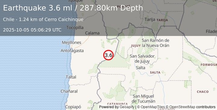 Earthquake ANTOFAGASTA, CHILE (3.6 ml) (2025-10-05 05:06:29 UTC)