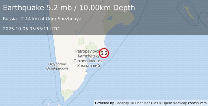 Earthquake NEAR EAST COAST OF KAMCHATKA (5.2 mb) (2025-10-05 05:53:17 UTC)