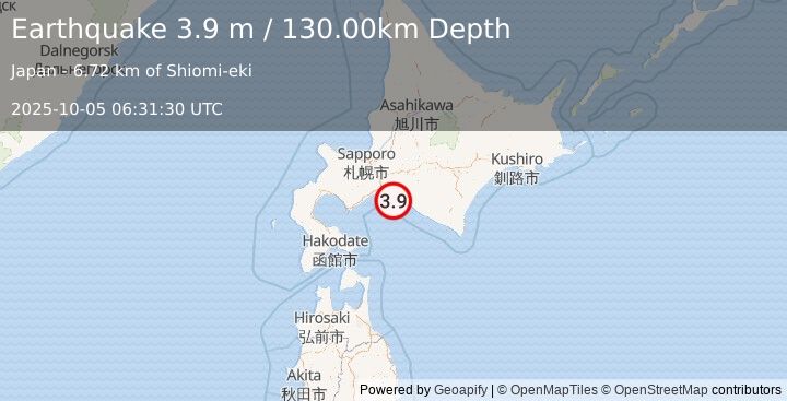 Earthquake HOKKAIDO, JAPAN REGION (3.9 m) (2025-10-05 06:31:30 UTC)