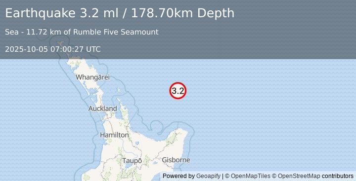 Earthquake OFF E. COAST OF N. ISLAND, N.Z. (3.2 ml) (2025-10-05 07:00:27 UTC)