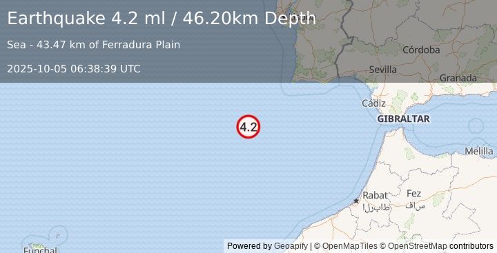 Earthquake AZORES-CAPE ST. VINCENT RIDGE (4.3 ml) (2025-10-05 06:38:37 UTC)