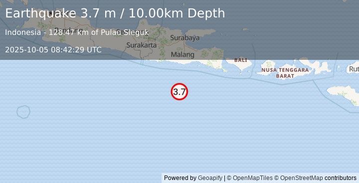 Earthquake SOUTH OF JAVA, INDONESIA (3.7 m) (2025-10-05 08:42:29 UTC)