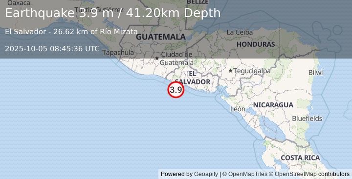 Earthquake OFFSHORE EL SALVADOR (3.9 m) (2025-10-05 08:45:36 UTC)