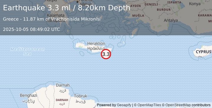 Earthquake CRETE, GREECE (3.3 ml) (2025-10-05 08:49:02 UTC)