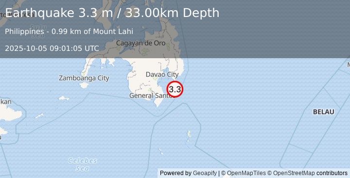 Earthquake MINDANAO, PHILIPPINES (3.3 m) (2025-10-05 09:01:05 UTC)
