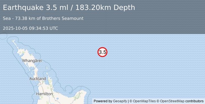 Earthquake OFF E. COAST OF N. ISLAND, N.Z. (3.5 ml) (2025-10-05 09:34:53 UTC)