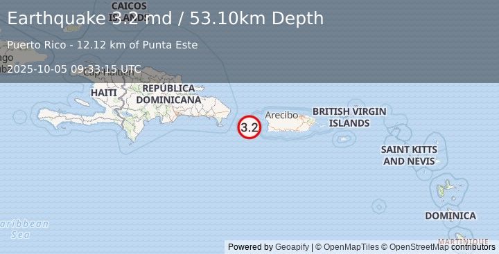 Earthquake MONA PASSAGE, PUERTO RICO (3.2 md) (2025-10-05 09:33:15 UTC)