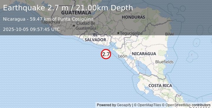 Earthquake OFFSHORE EL SALVADOR (2.7 m) (2025-10-05 09:57:45 UTC)