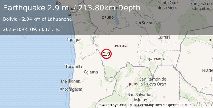 Earthquake POTOSI, BOLIVIA (2.9 ml) (2025-10-05 09:58:37 UTC)