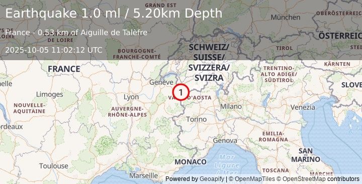 Earthquake NORTHERN ITALY (1.0 ml) (2025-10-05 11:02:12 UTC)