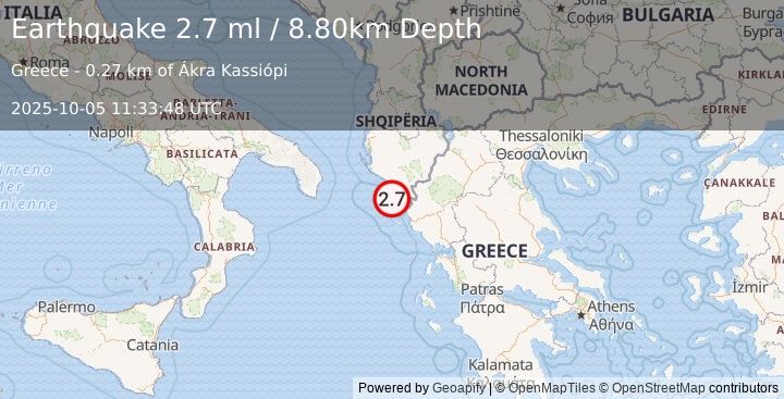Earthquake KERKIRA REGION, GREECE (2.9 ml) (2025-10-05 11:33:47 UTC)