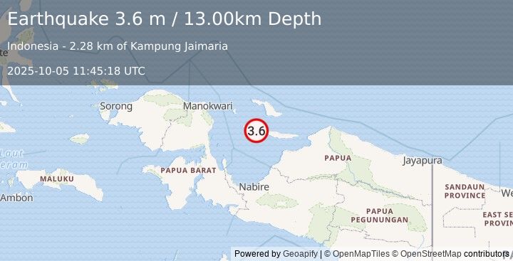 Earthquake BIAK REGION, INDONESIA (3.6 m) (2025-10-05 11:45:18 UTC)