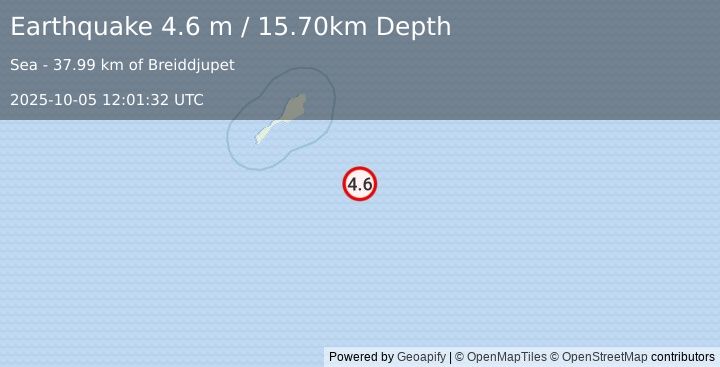 Earthquake JAN MAYEN ISLAND REGION (4.8 mb) (2025-10-05 12:01:22 UTC)
