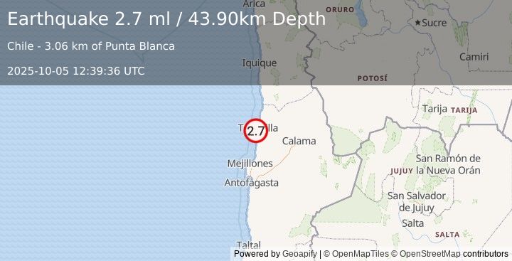 Earthquake OFFSHORE ANTOFAGASTA, CHILE (2.7 ml) (2025-10-05 12:39:36 UTC)