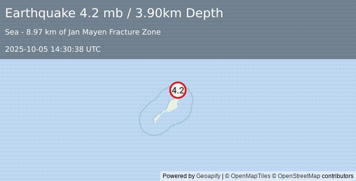 Earthquake JAN MAYEN ISLAND REGION (4.6 mb) (2025-10-05 14:30:36 UTC)
