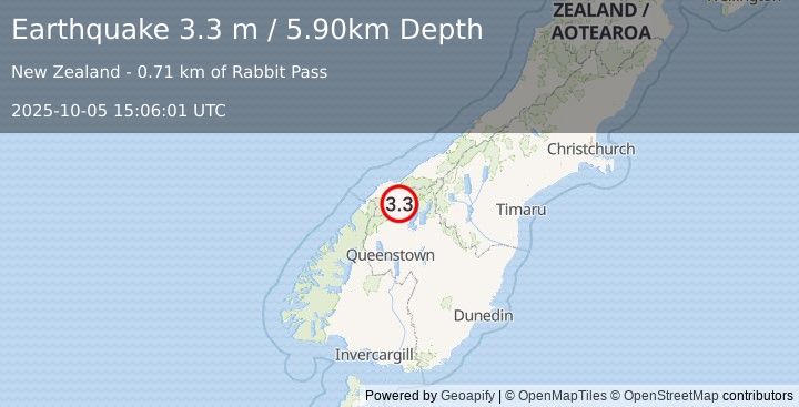 Earthquake SOUTH ISLAND OF NEW ZEALAND (3.3 m) (2025-10-05 15:06:01 UTC)