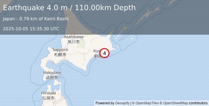 Earthquake HOKKAIDO, JAPAN REGION (4.0 m) (2025-10-05 15:35:30 UTC)
