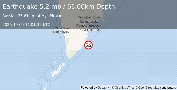 Earthquake NEAR EAST COAST OF KAMCHATKA (5.2 mb) (2025-10-05 16:01:36 UTC)