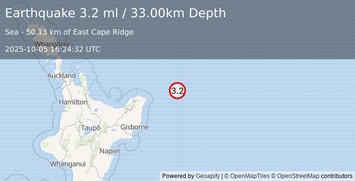 Earthquake OFF E. COAST OF N. ISLAND, N.Z. (3.2 ml) (2025-10-05 16:24:32 UTC)