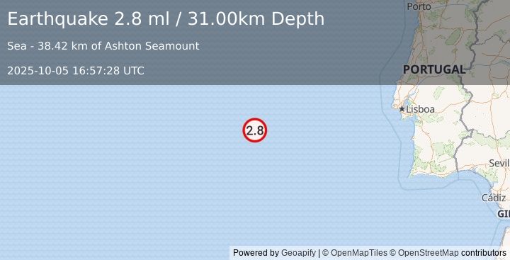 Earthquake AZORES-CAPE ST. VINCENT RIDGE (2.8 ml) (2025-10-05 16:57:28 UTC)