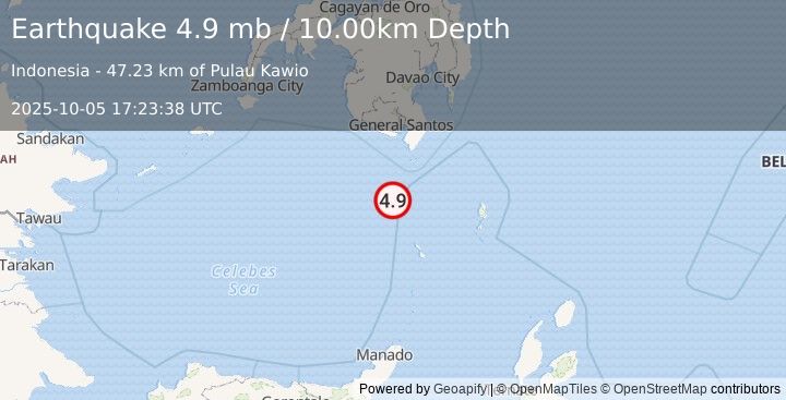 Earthquake KEPULAUAN SANGIHE, INDONESIA (4.9 mb) (2025-10-05 17:23:38 UTC)