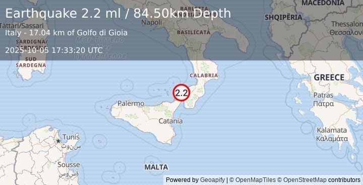 Earthquake SICILY, ITALY (2.2 ml) (2025-10-05 17:33:20 UTC)