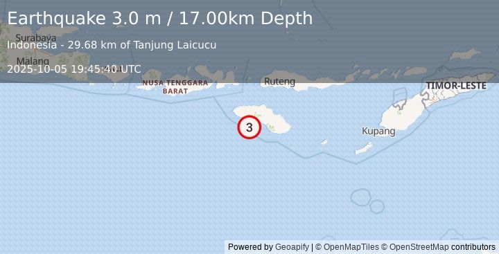Earthquake SUMBA REGION, INDONESIA (3.0 m) (2025-10-05 19:45:40 UTC)
