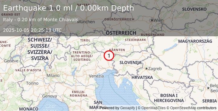 Earthquake NORTHERN ITALY (1.0 ml) (2025-10-05 20:25:13 UTC)
