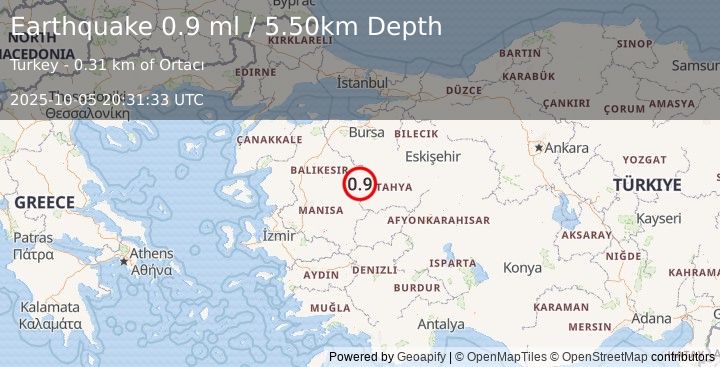 Earthquake WESTERN TURKEY (0.9 ml) (2025-10-05 20:31:33 UTC)