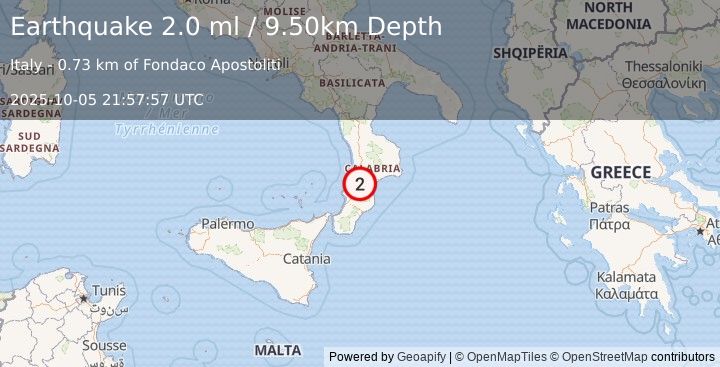 Earthquake SOUTHERN ITALY (2.0 ml) (2025-10-05 21:57:57 UTC)