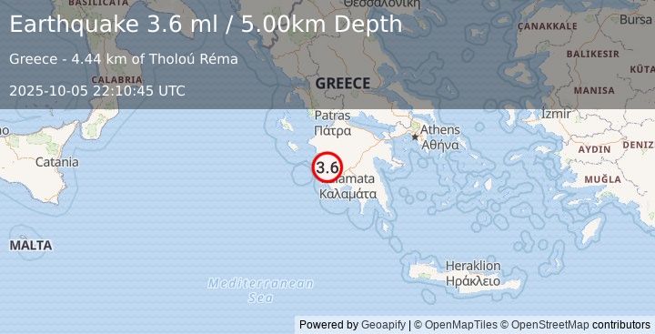 Earthquake SOUTHERN GREECE (3.6 ml) (2025-10-05 22:10:45 UTC)