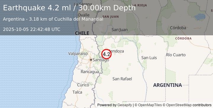 Earthquake REGION METROPOLITANA, CHILE (3.9 ml) (2025-10-05 22:42:56 UTC)