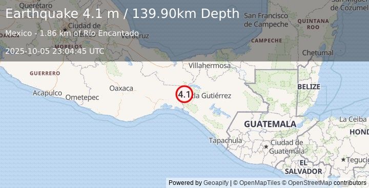 Earthquake CHIAPAS, MEXICO (4.1 m) (2025-10-05 23:04:45 UTC)