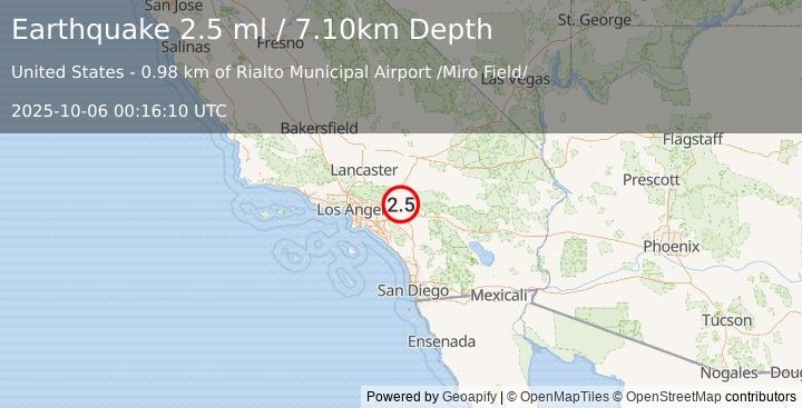 Earthquake GREATER LOS ANGELES AREA, CALIF. (2.5 ml) (2025-10-06 00:16:10 UTC)