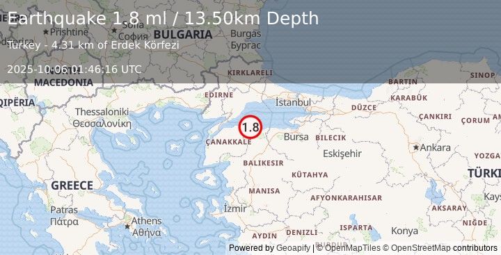 Earthquake WESTERN TURKEY (1.8 ml) (2025-10-06 01:46:15 UTC)