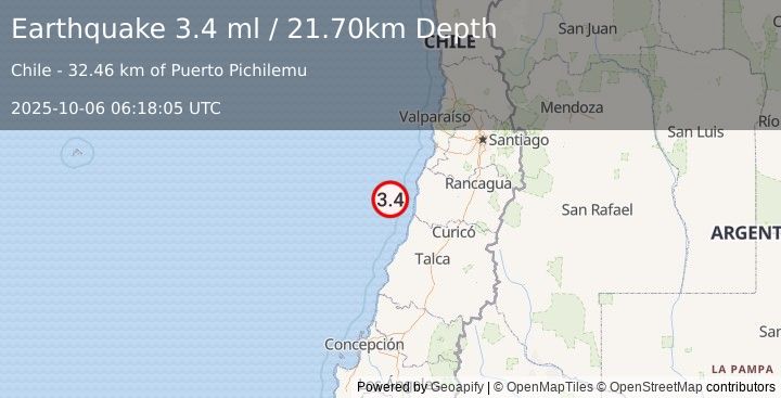 Earthquake OFFSHORE O'HIGGINS, CHILE (3.4 ml) (2025-10-06 06:18:05 UTC)