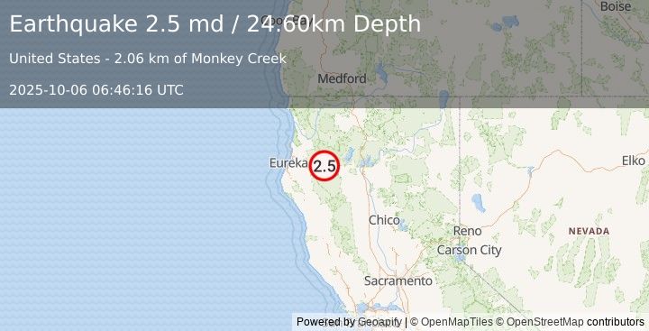 Earthquake NORTHERN CALIFORNIA (2.5 md) (2025-10-06 06:46:16 UTC)