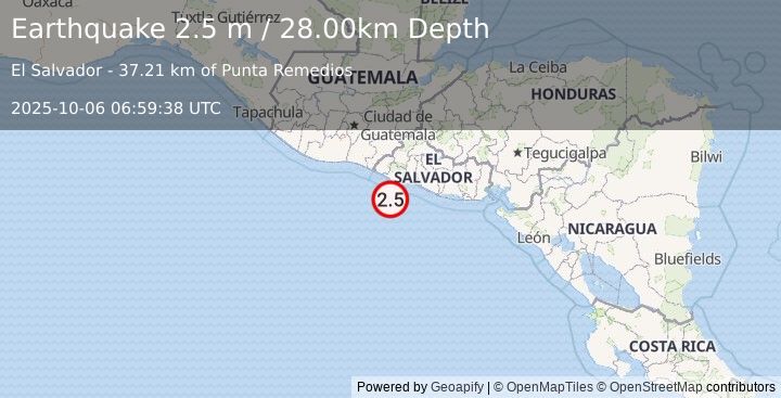 Earthquake OFFSHORE EL SALVADOR (2.5 m) (2025-10-06 06:59:38 UTC)