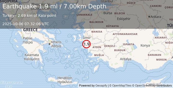 Earthquake WESTERN TURKEY (1.9 ml) (2025-10-06 07:32:05 UTC)