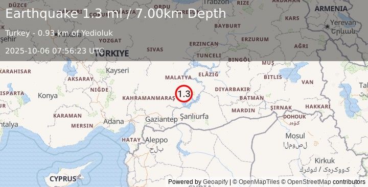 Earthquake EASTERN TURKEY (1.3 ml) (2025-10-06 07:56:23 UTC)