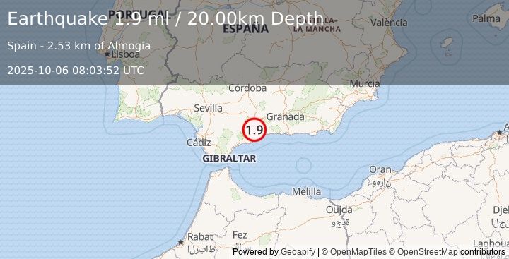 Earthquake STRAIT OF GIBRALTAR (1.9 ml) (2025-10-06 08:03:52 UTC)
