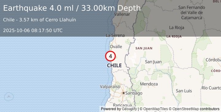 Earthquake COQUIMBO, CHILE (4.0 ml) (2025-10-06 08:17:49 UTC)