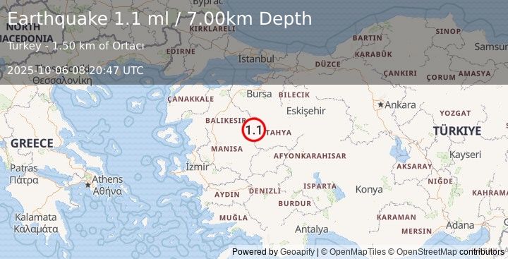 Earthquake WESTERN TURKEY (1.1 ml) (2025-10-06 08:20:47 UTC)