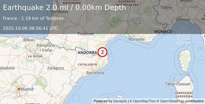 Earthquake PYRENEES (2.0 ml) (2025-10-06 08:56:41 UTC)