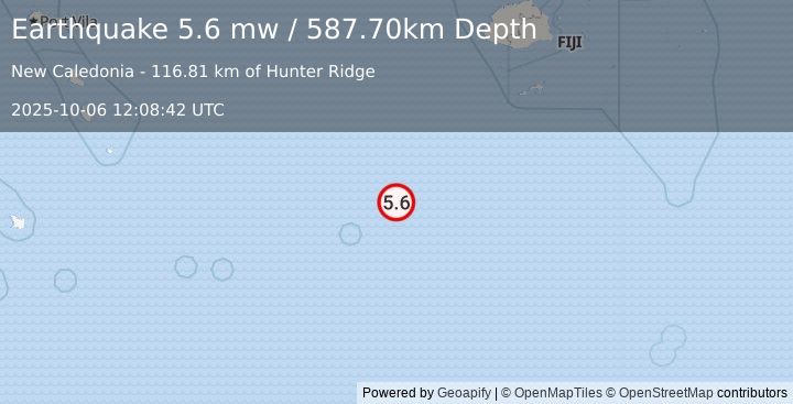 Earthquake SOUTH OF FIJI ISLANDS (5.6 mw) (2025-10-06 12:08:42 UTC)