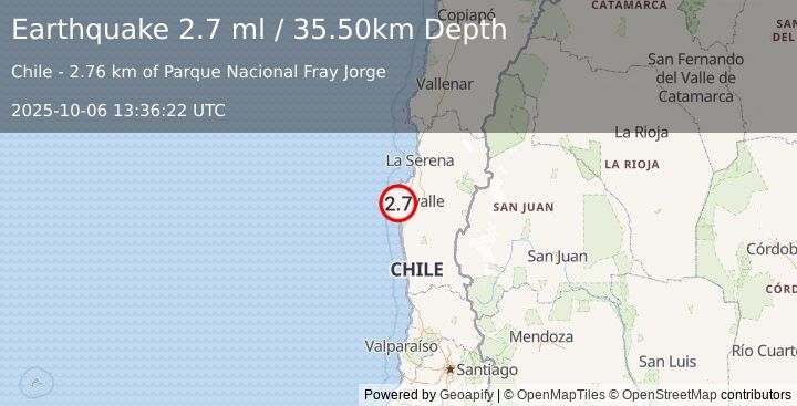 Earthquake COQUIMBO, CHILE (2.7 ml) (2025-10-06 13:36:22 UTC)