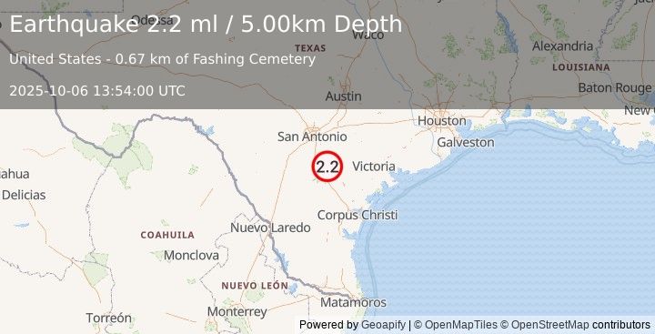 Earthquake SOUTHERN TEXAS (2.2 ml) (2025-10-06 13:54:00 UTC)