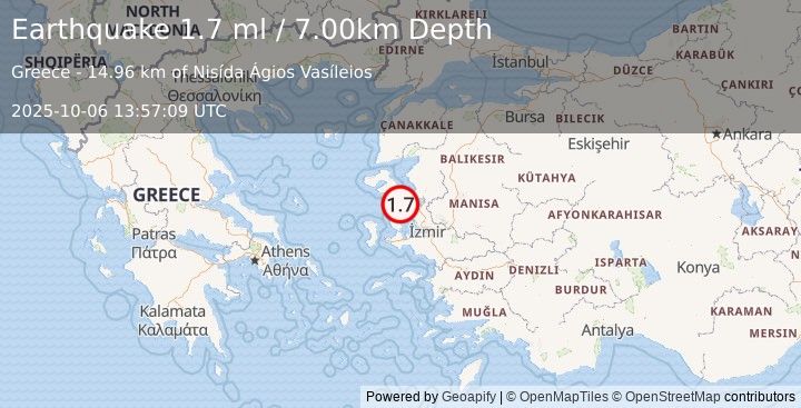 Earthquake NEAR THE COAST OF WESTERN TURKEY (1.7 ml) (2025-10-06 13:57:09 UTC)