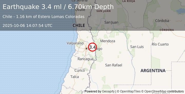 Earthquake REGION METROPOLITANA, CHILE (3.4 ml) (2025-10-06 14:07:54 UTC)